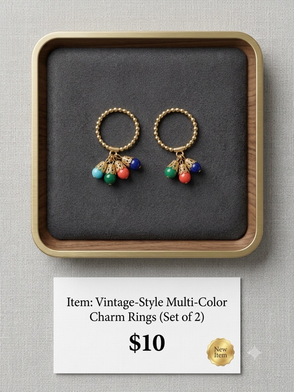 Gold-tone Hoop Rings with Red, Blue and Green Beads